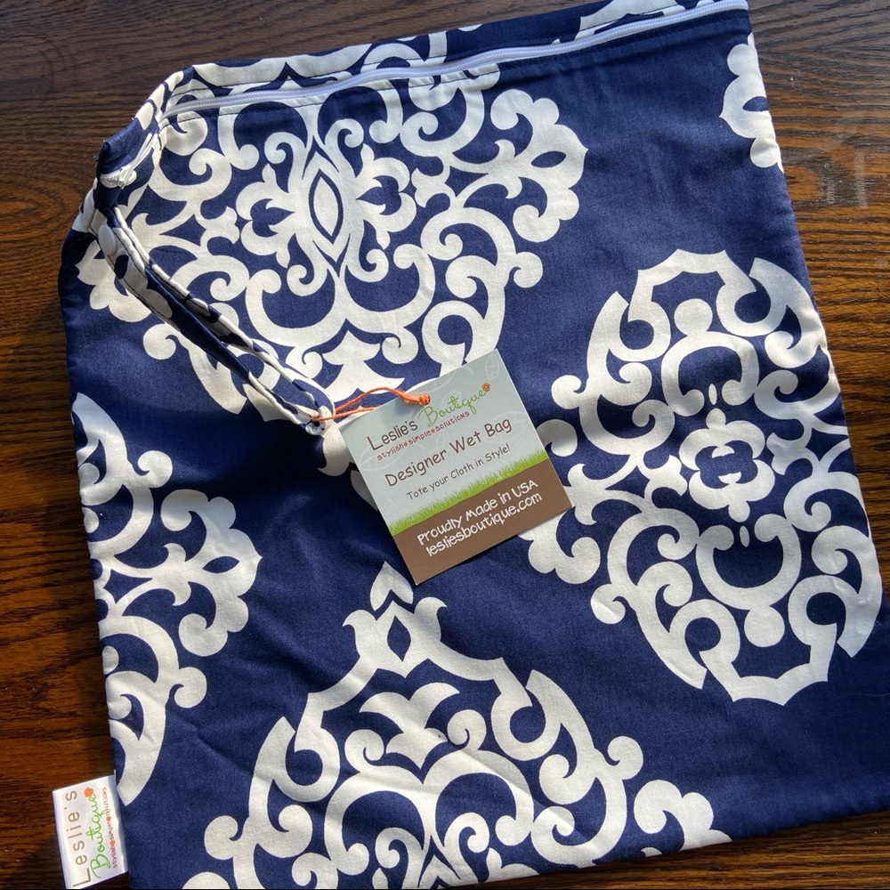 Leslie’s Boutique Medium Wet Bag Navy Ornaments - cloth diaper, swim or gym bag